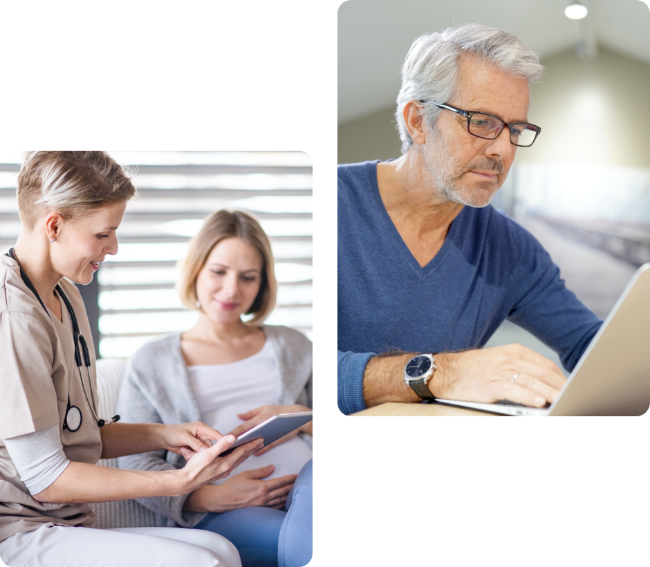 Image of physician talking to patient about Tdap vaccination, Image of patient researching information about Tdap vaccination