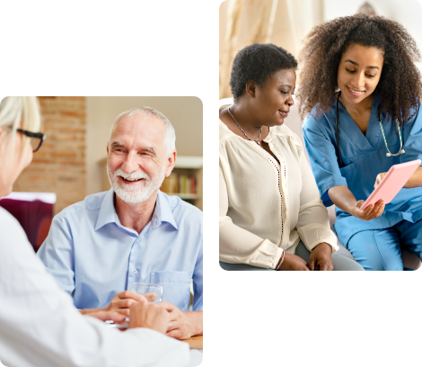 Top Image: physician talking to her patient about the Tdap vaccine Bottom Image: Older couple talking about the Tdap vaccine.