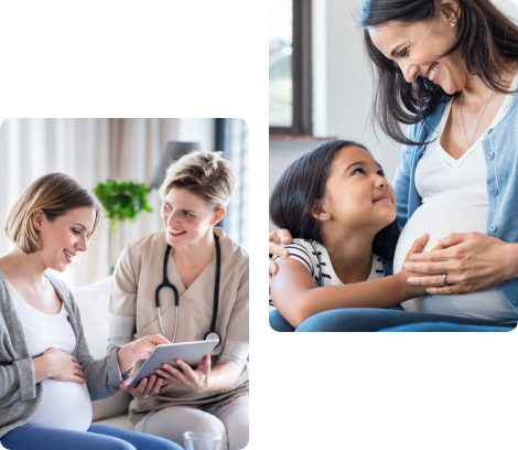 Top Image: pregnant mother smiling at her daughter Bottom Image: physician talking to her pregnant patient about the Tdap vaccine.