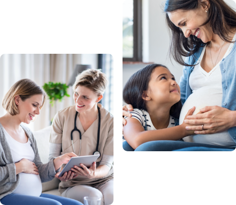 Pregnant patient and physician talking and pregnant mother smiling at her daughter