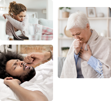 Image of woman coughing into her arm, Image of older woman coughing while holding her chest, Image of man coughing in bed