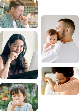 Image of man coughing into his hand,Image of woman researching Tdap vaccination,Image of child coughing into their hand,Image of father holding his child, Image of man coughing into his arm